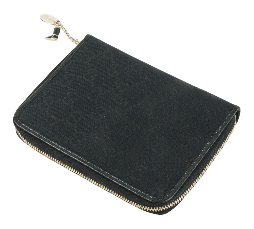 Authentic Gucci Black GG monogram canvas zip around agenda notebook