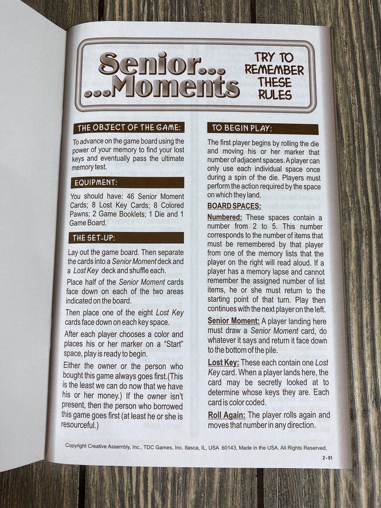 Creative Assembly Inc Senior Moments Replacement Piece Part Gamebook 2