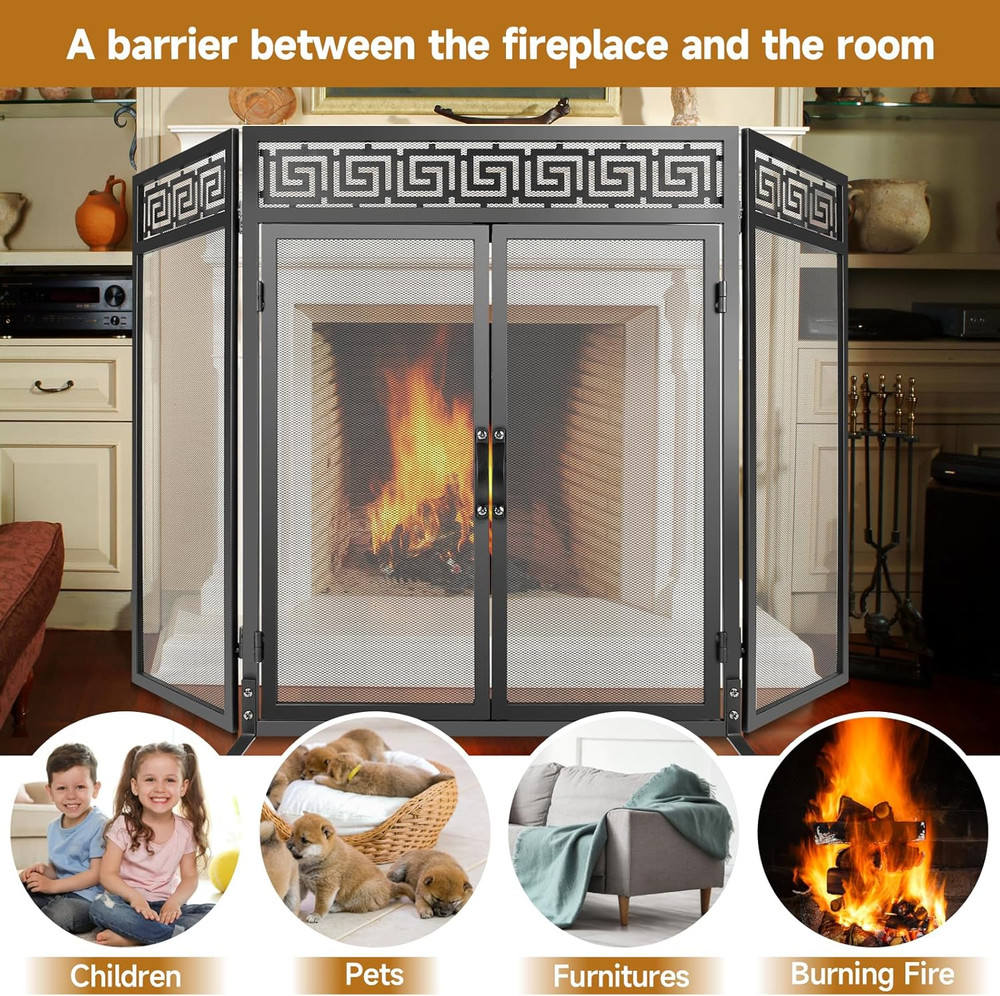 Fireplace Screen with Doors, 3 Panel Fire Place Screens Stand Alone, Extra Large