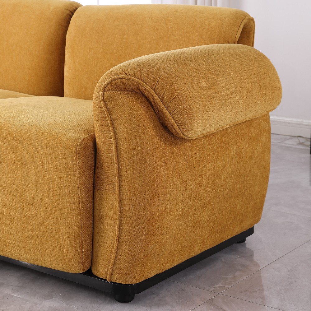 68.5" Green Chenille Sectional Sofa, Iron Frame, Split Back, Square Arms