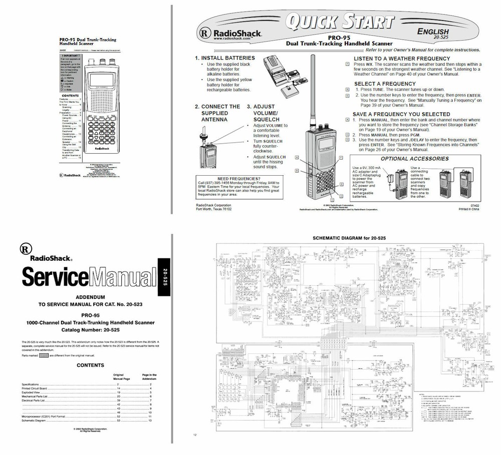 RADIO SHACK PRO-95 OPERATING + SERVICE MANUAL ADDENDUM + 11X17" SCHEMATIC