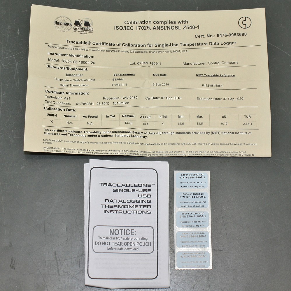 Traceable USB Temp Data Logger 6476, Single Use Thermometer, 14° C, 12° C