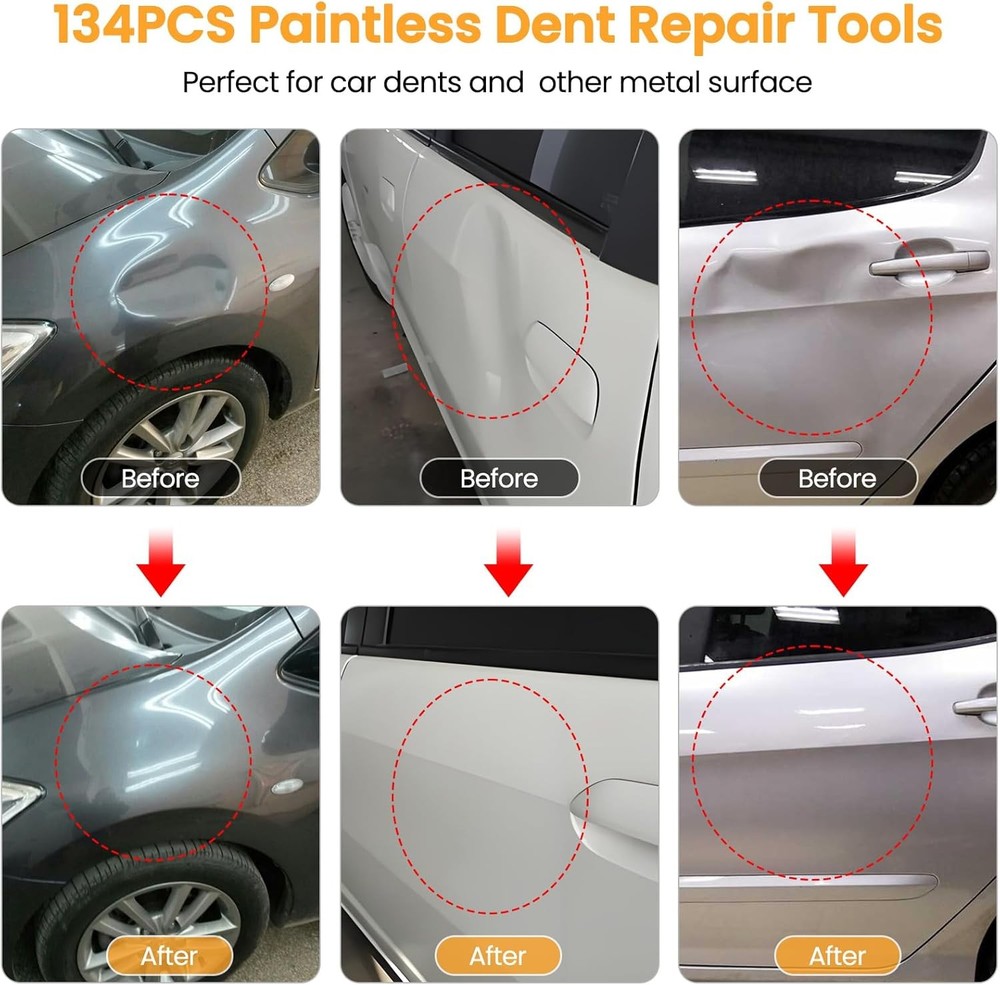 Dent Puller, 134PCS Paintless Dent Removal Kit – Car Dent Puller Kit with Slide