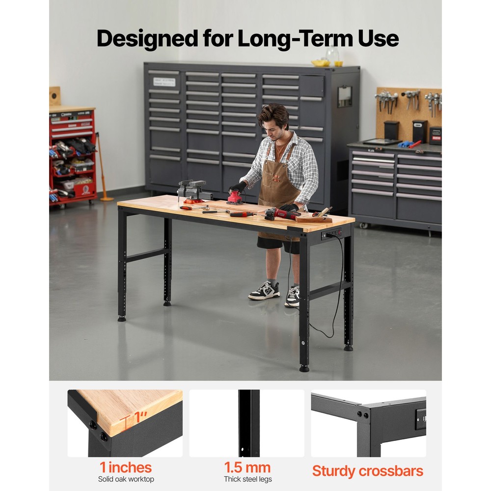 Workbench Adjustable Height, 61" x 20" Garage Table w/ 27.1" - 36" Heights
