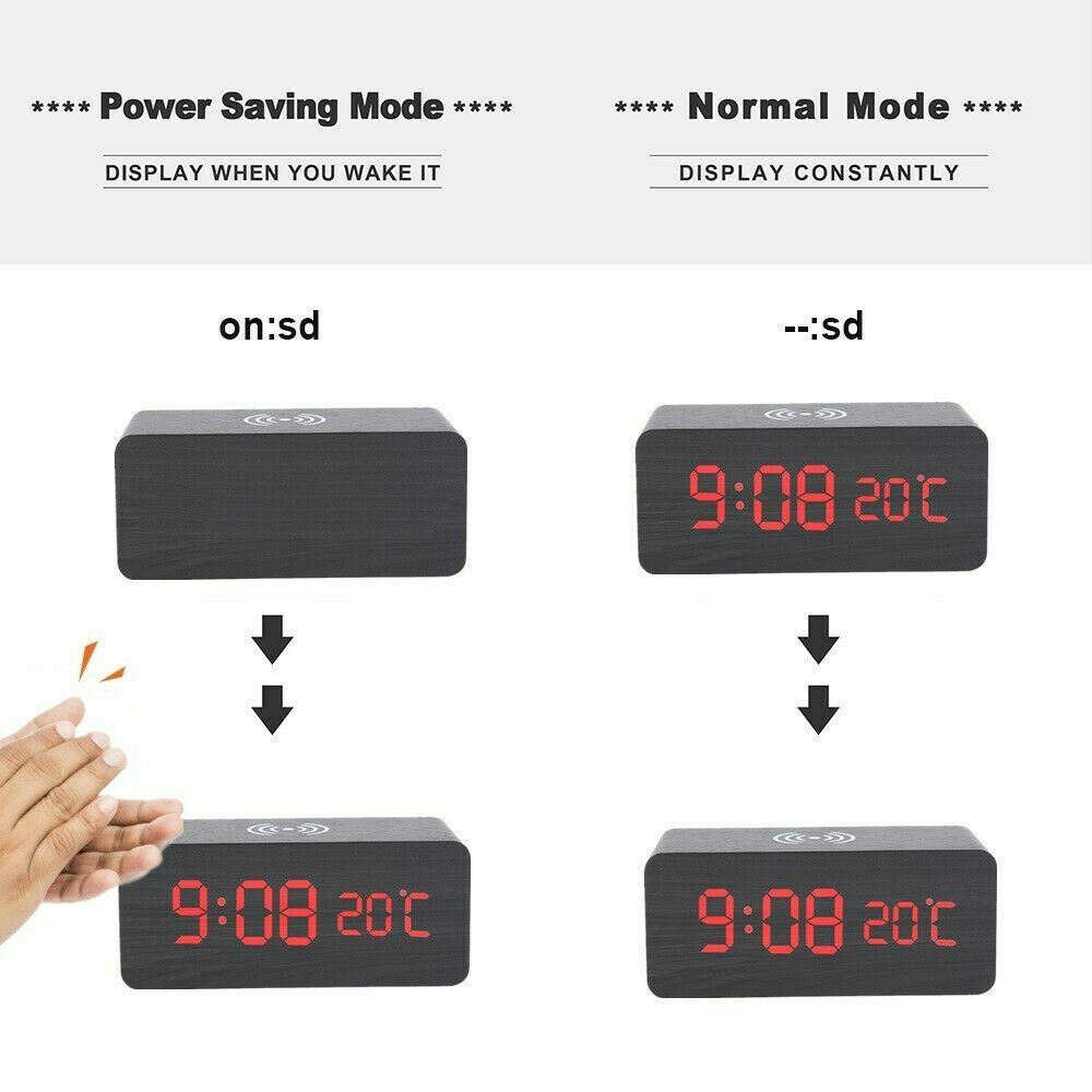 Modern Wooden Wood Digital LED Desk Alarm Clock Thermometer Qi Wireless Charger