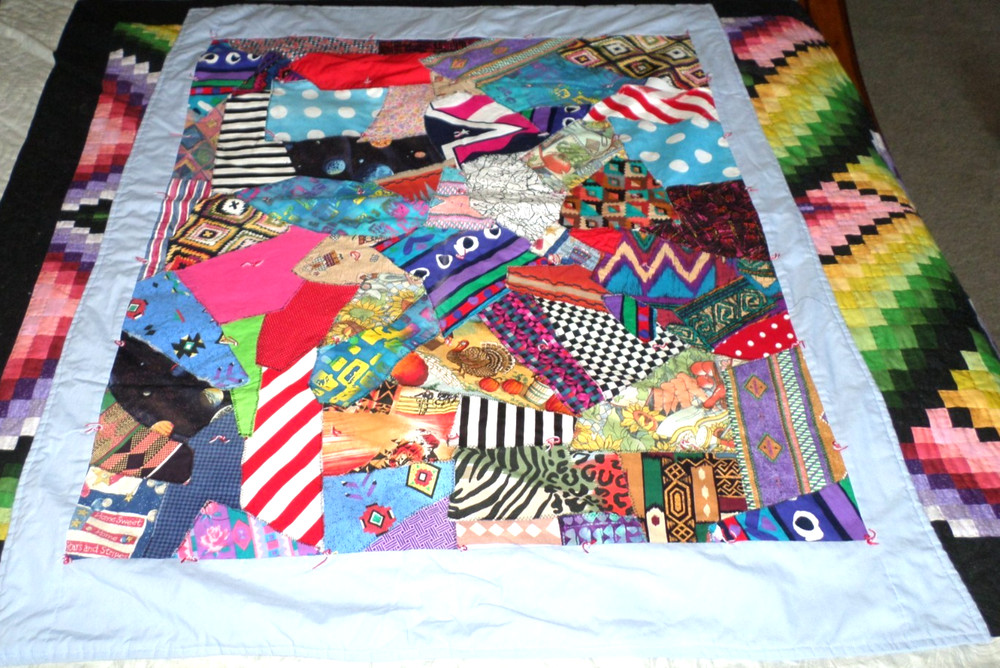 1970's Machine Quilted Bright Multi-Colored Patchwork CRAZY Quilt 46x39mm Mint