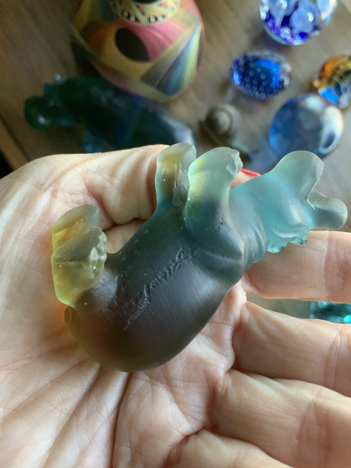 Signed Daum France Pâte de Verre Blue Hippo Art Glass Sculpture Crystal