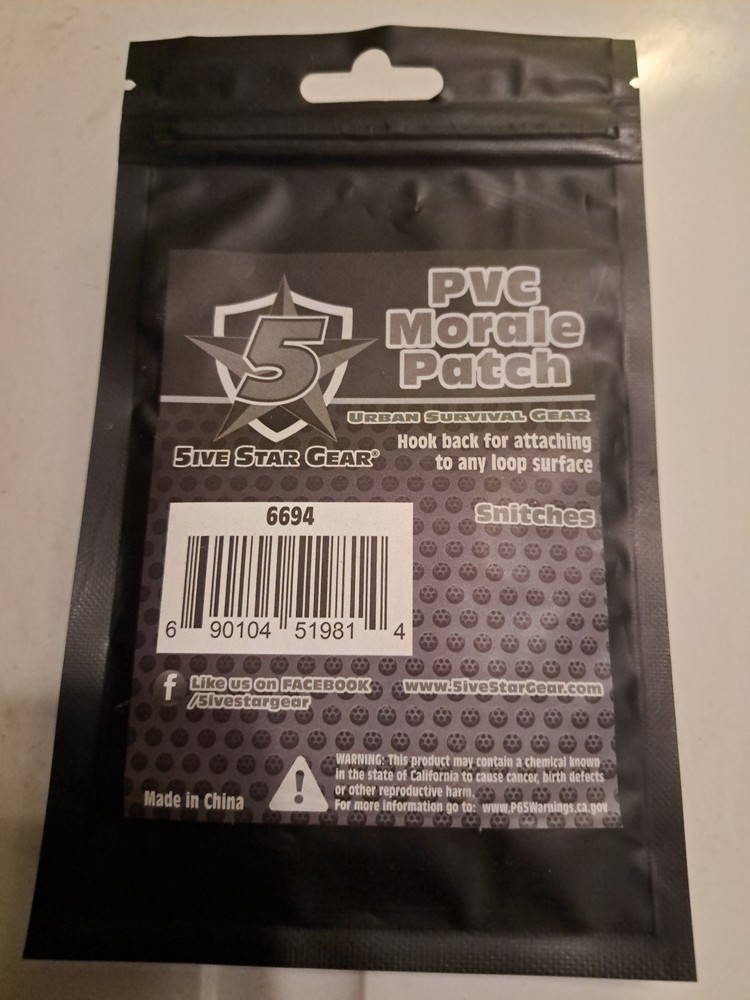 5ive Star Gear PVC Morale Patch-Hook & Loop- "Snitches Get Stitches" - 2" X 2"