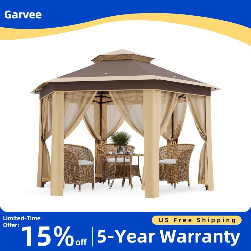 Strong Steel Frame Hexagonal Gazebo 13x13 ft Instant Pop Up with Mesh Netting