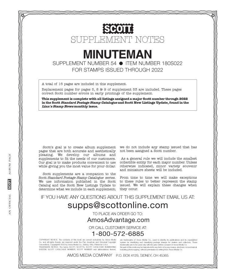 New 2022 Scott Stamp Album Supplement Pages Minuteman Free US Shipping Number 54