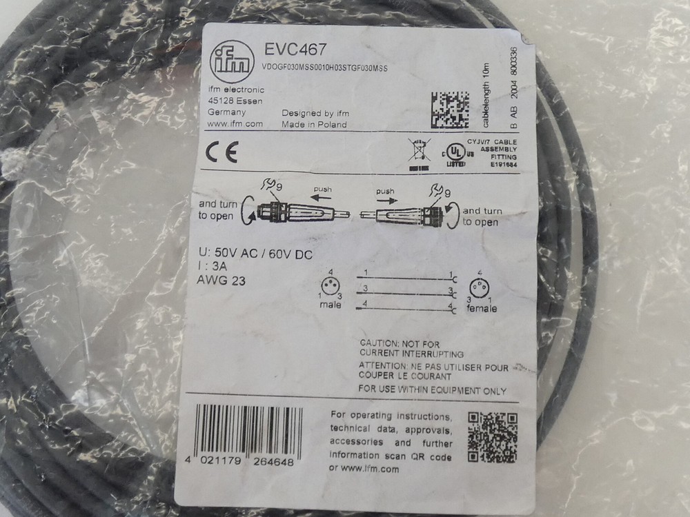 IFM Electronic EVC467 Patch Cable 10M AWG 23 - NEW Surplus!