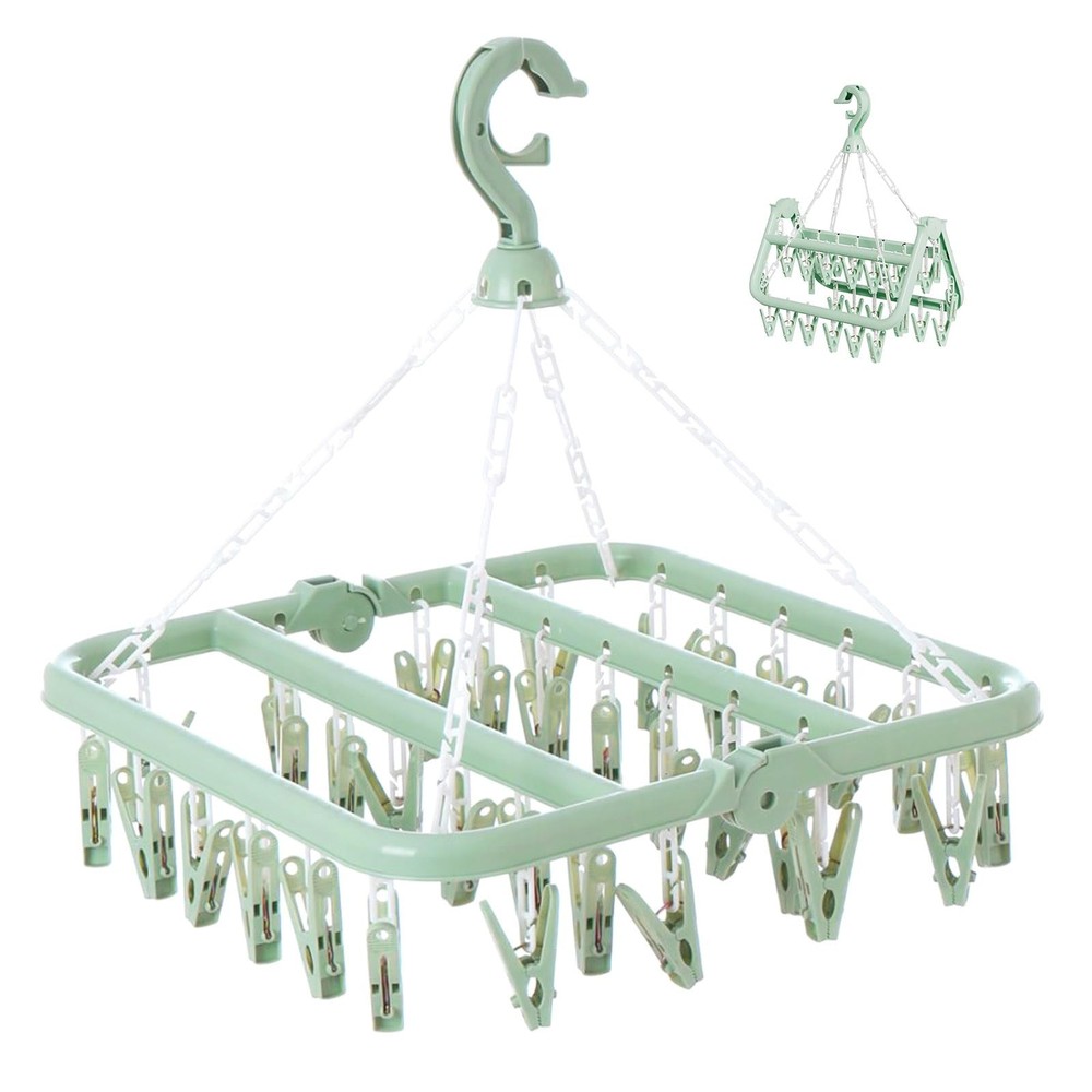Clothes Drying Rack with 32 Clips, Foldable Hanging Rack, 360° Rotatable Hook...