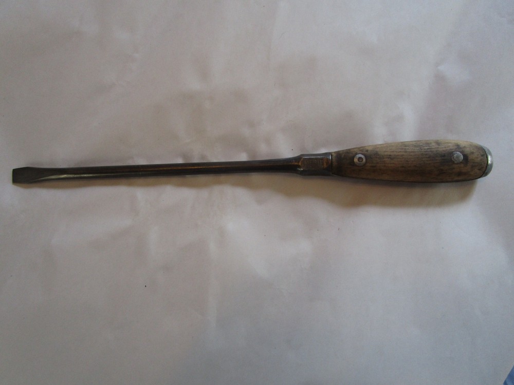 Antique Split Wood Perfect Handle Large Screwdriver, Flat Head, 16", Merit