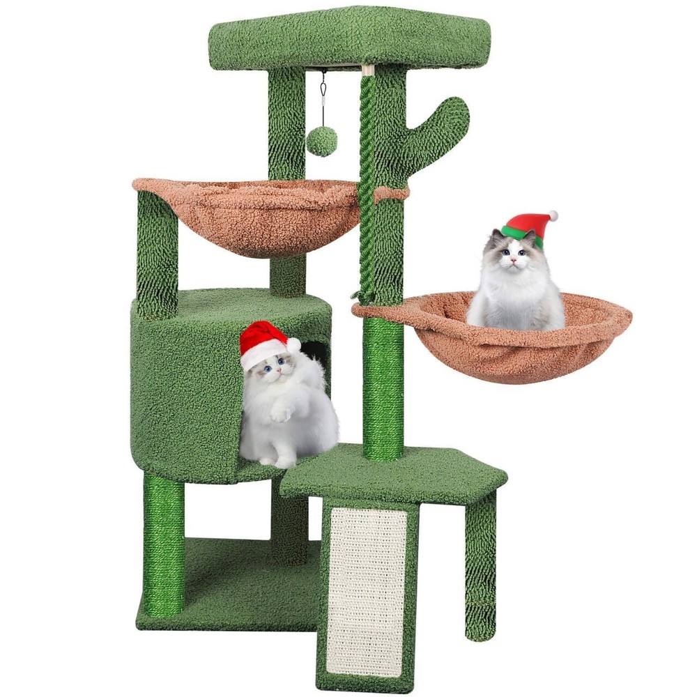 Wang Xin Three Layer Cat Tree with Cat Condo Scratch Pad and Two Hammocks,Gre...