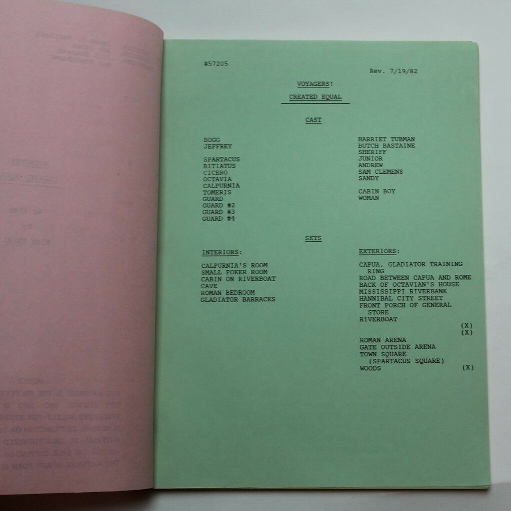 VOYAGERS! / Nick Thiel 1982 Script "Created Equal" ancient Rome save Spartacus