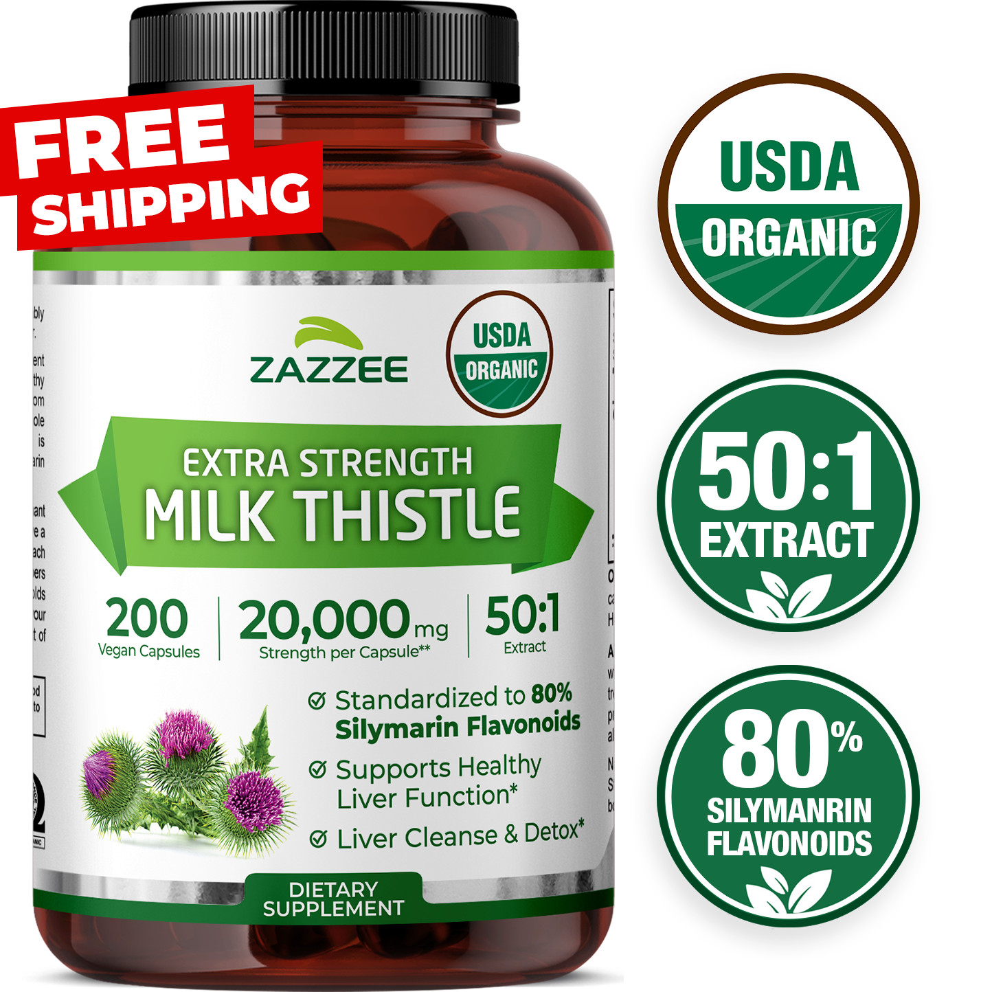 Zazzee Organic Milk Thistle Extract 20,000 mg Strength, 200 Vegan Capsules