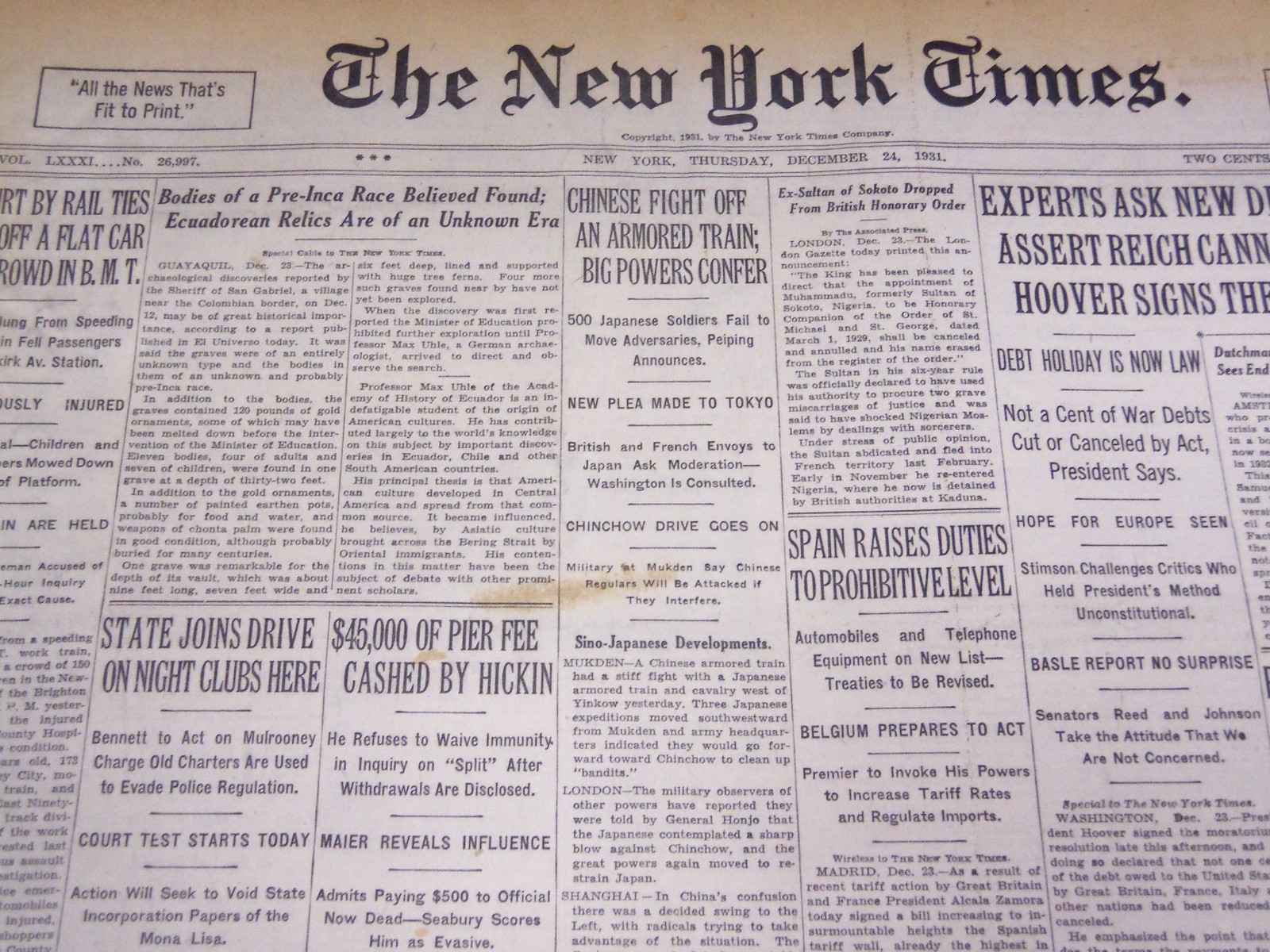 1931 DECEMBER 24 NEW YORK TIMES - PRE-INCA RACE BELIEVED FOUND - NT 2227
