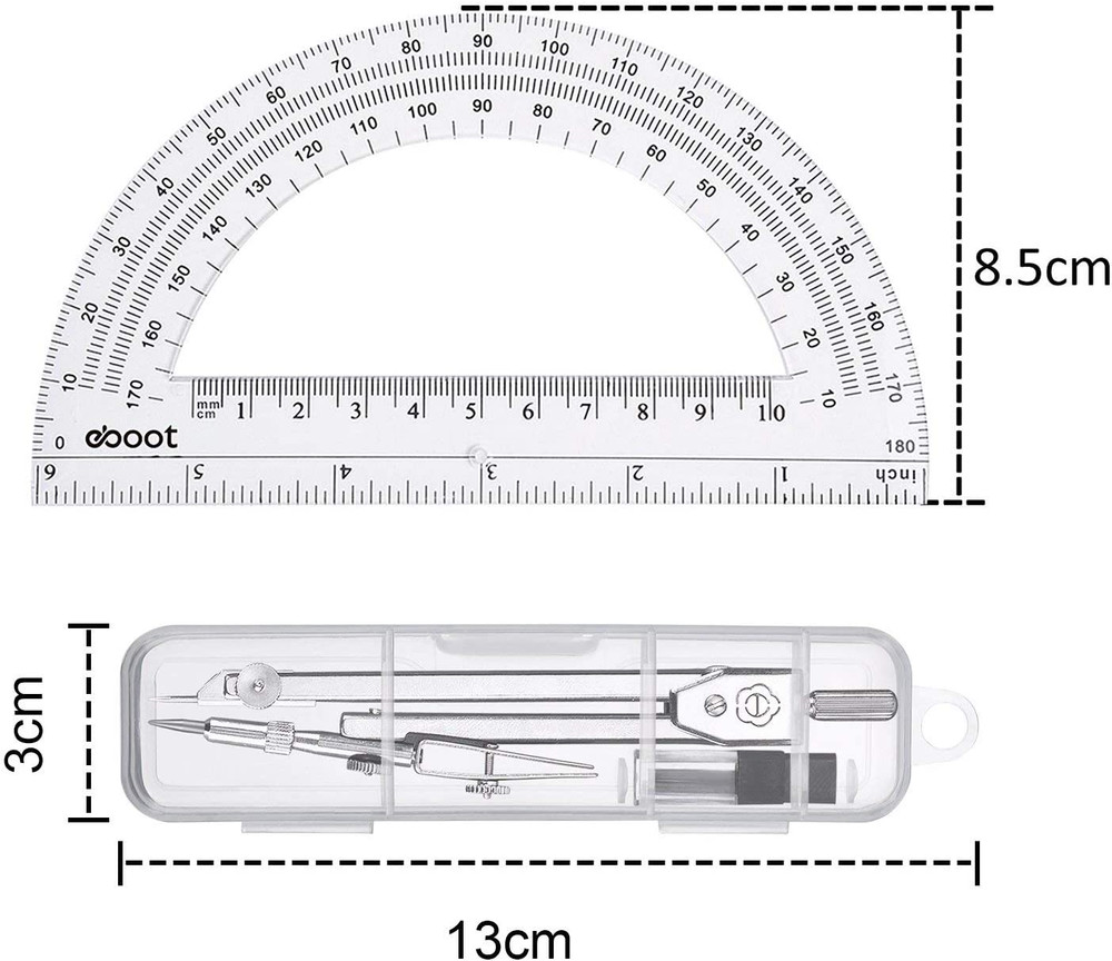 Student Geometry Math Set, Drawing Compass and 6 Inch Clear Swing Arm Protractor