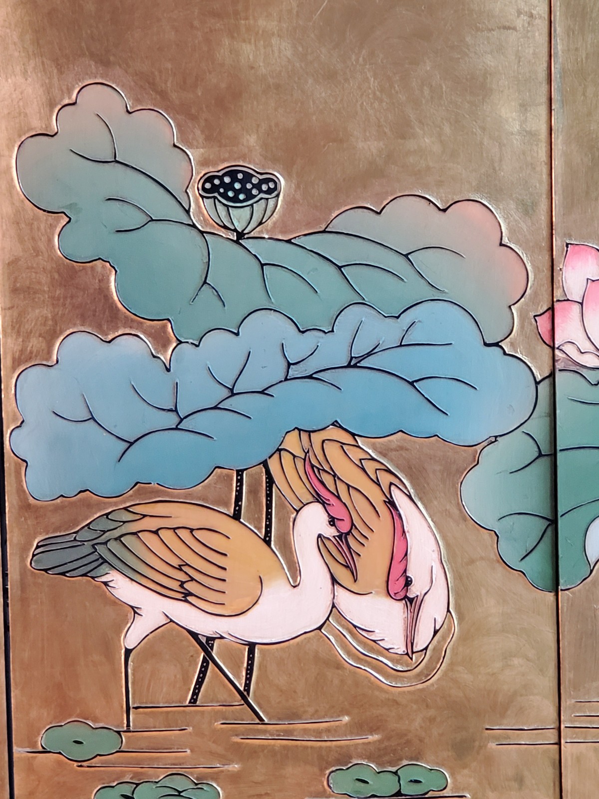 Gold Lacquered Chinese Screen 1960s Excellent Lotus Cranes Doves Flowers !