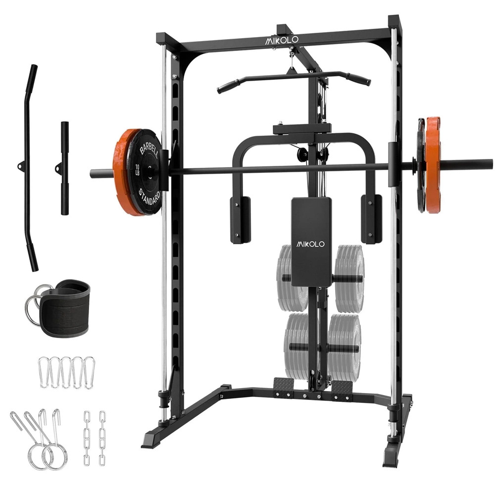 Smith Machine Home Gym Power Rack Pec Deck Lat Pull down w/Bar, Low Row Cable