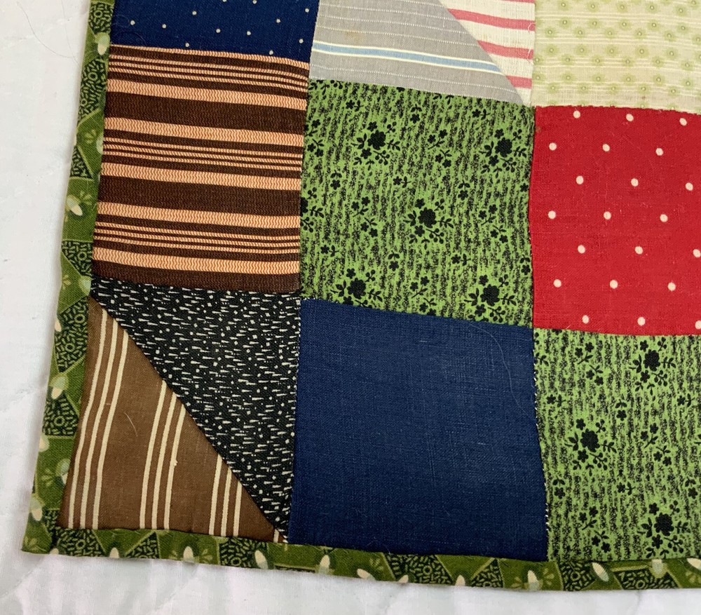 Vintage Patchwork Quilt Table Topper, Nine Patch, Early Calico Prints, Multi