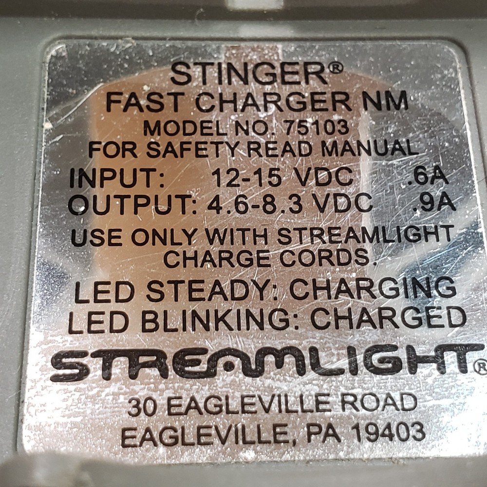 Streamlight Stinger Fast Charger 12V Car Socket Adapter Model: 75103-Tested
