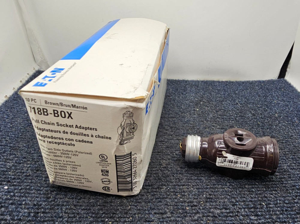 (QTY 10) Eaton 718B-BOX: Pull Chain Socket Adapter with 2 Side Outlet, Brown
