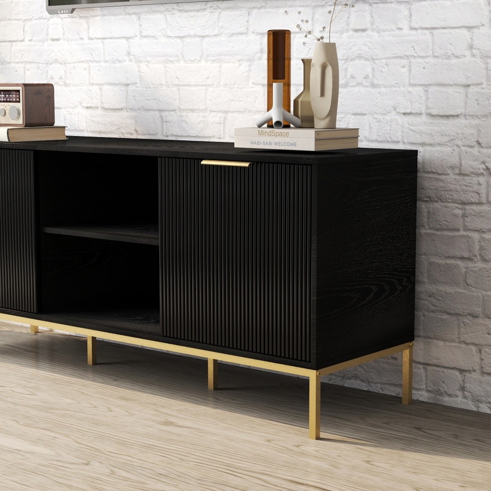 Mid Century Modern TV Stand w Wave Doors Gold Legs Soft Close