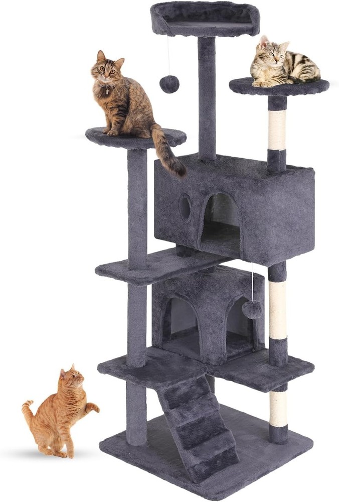 54" Cat Tree Tower Condo w/ Sisal Scratching Posts, Gray, Multi-Level Sturdy