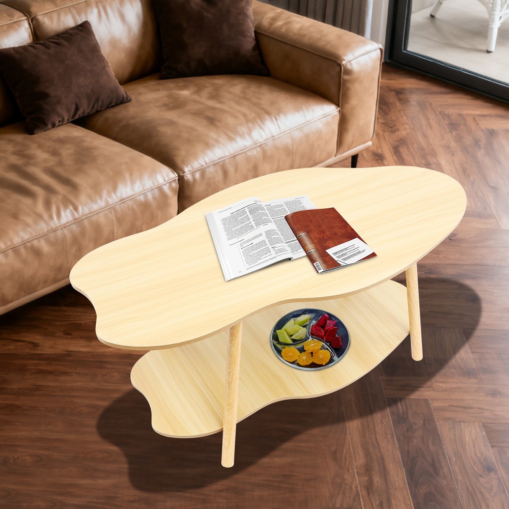 Cloud-shaped Coffee Table Double Layer Center Table for Living Room Light Walnut