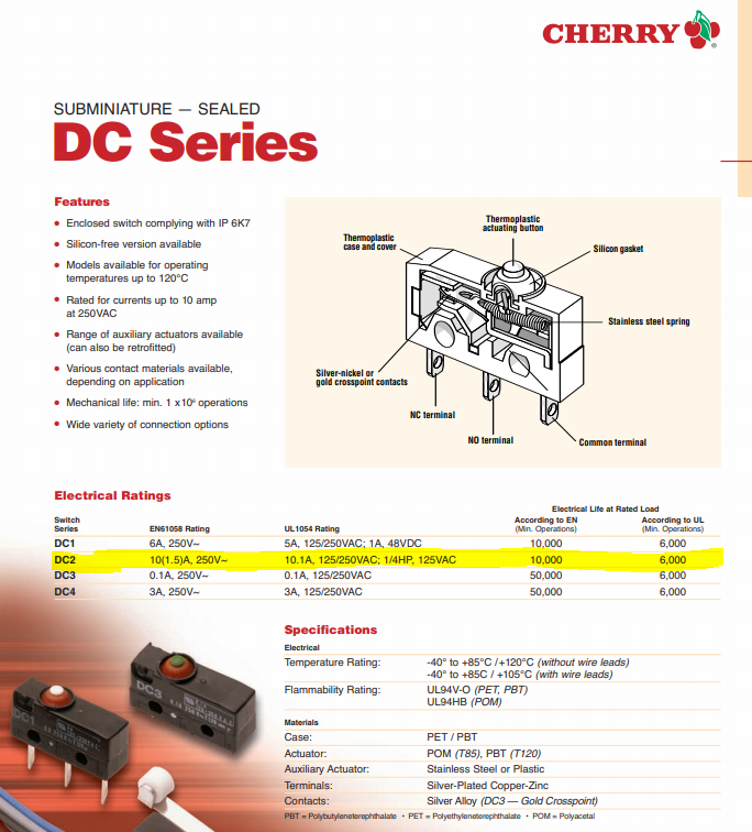 CHERRY - DC2C-E5AA - Switch, Sealed Micro Push Button, SPDT, 10Amp 125/250V NEW