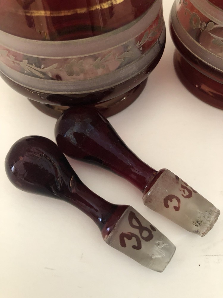 Antique Bohemian Hand Blown Ruby Red Perfume Scent Bottles Pair