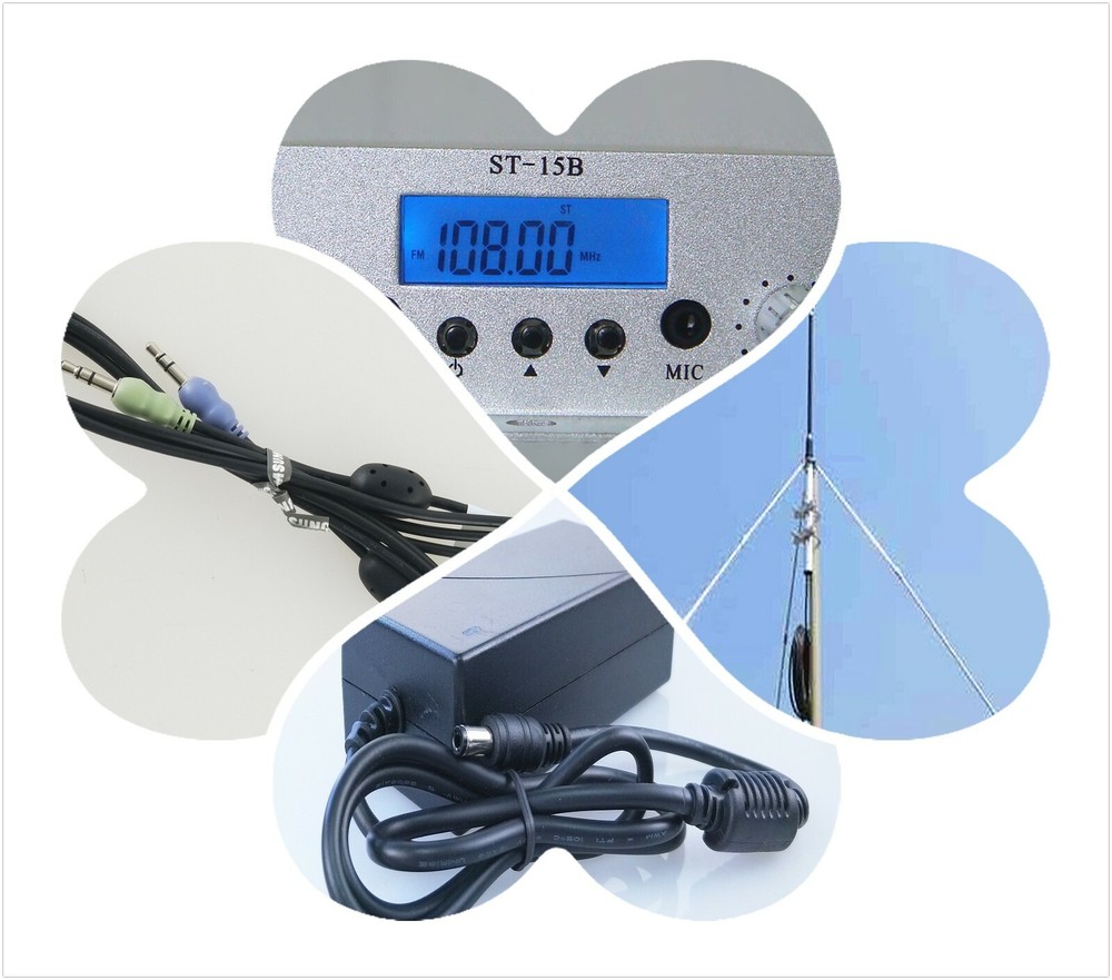 15w FM broadcast transmitter GP antenna+cable+power supply+audio cable 15B