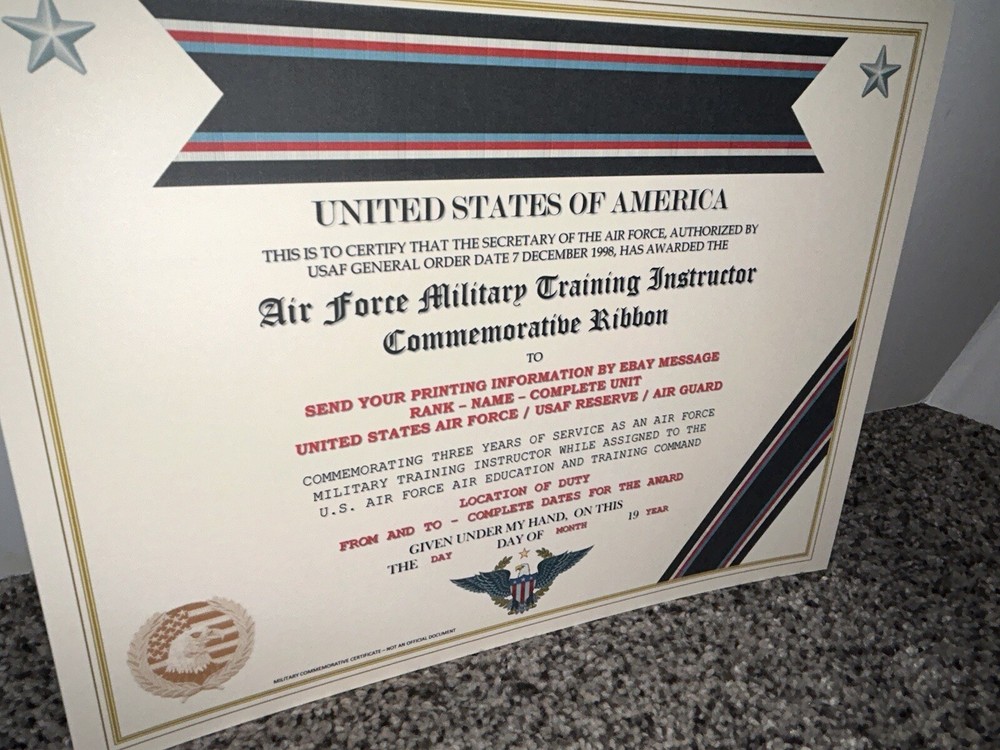 U.S. AIR FORCE TRAINING INSTRUCTOR COMMEMORATIVE CERTIFICATE ~ W/PRINTING TYPE-1