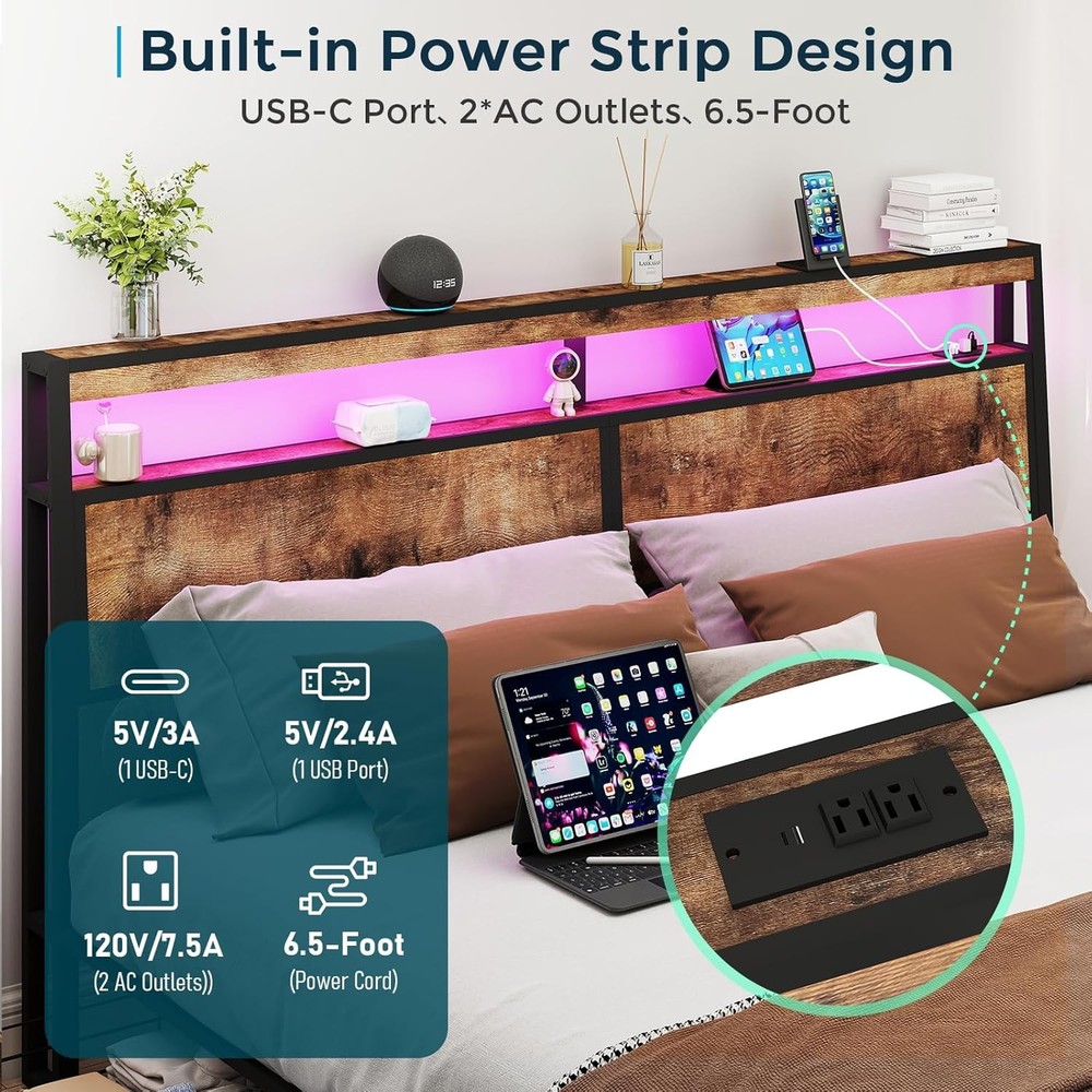 King Queen Full 4 Drawers Platform Bed Frame with LED Light, Charging Station