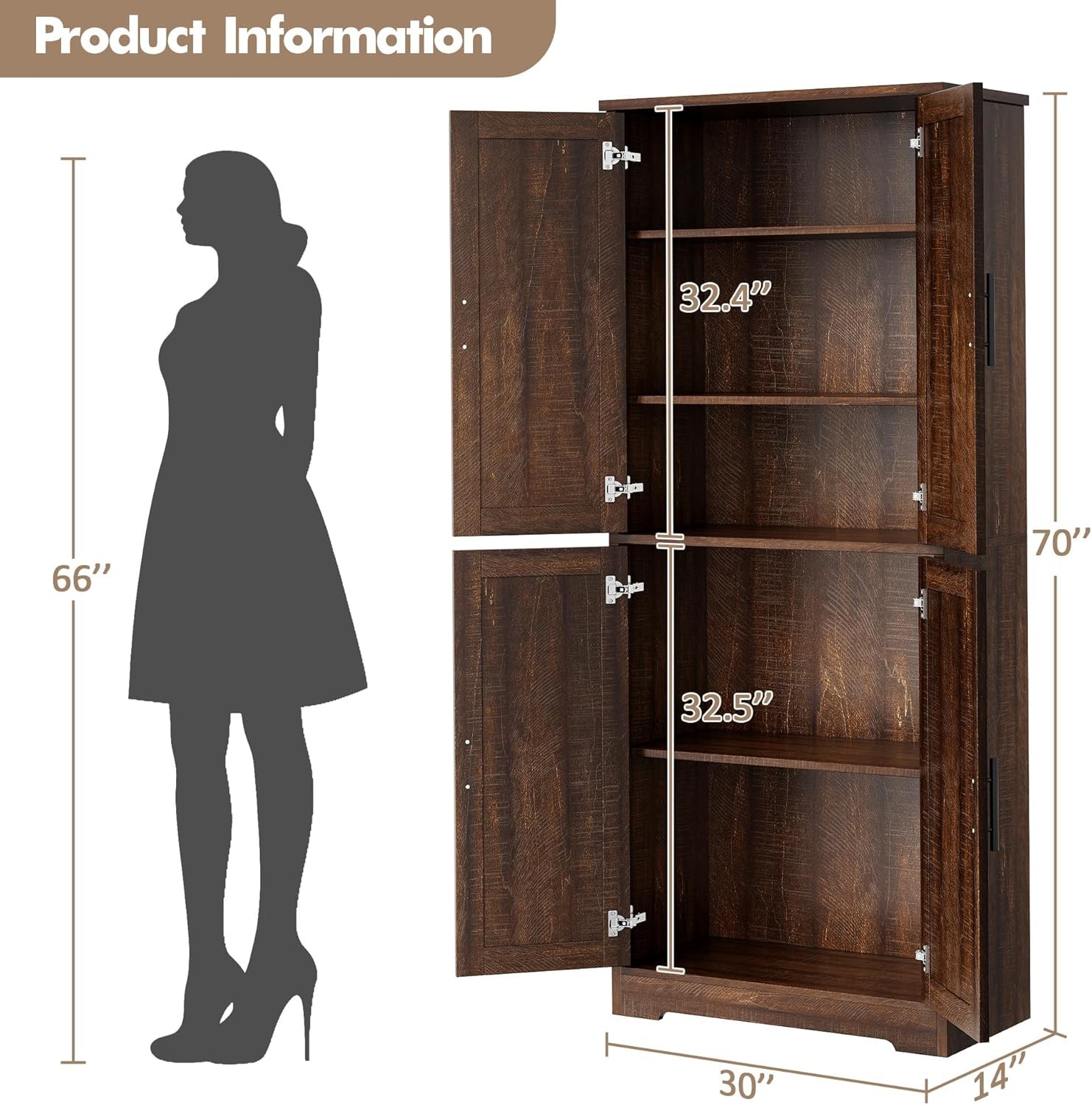 70" Kitchen Pantry Cabinet w 4 Doors, Freestanding Storage w Adjustable Shelves