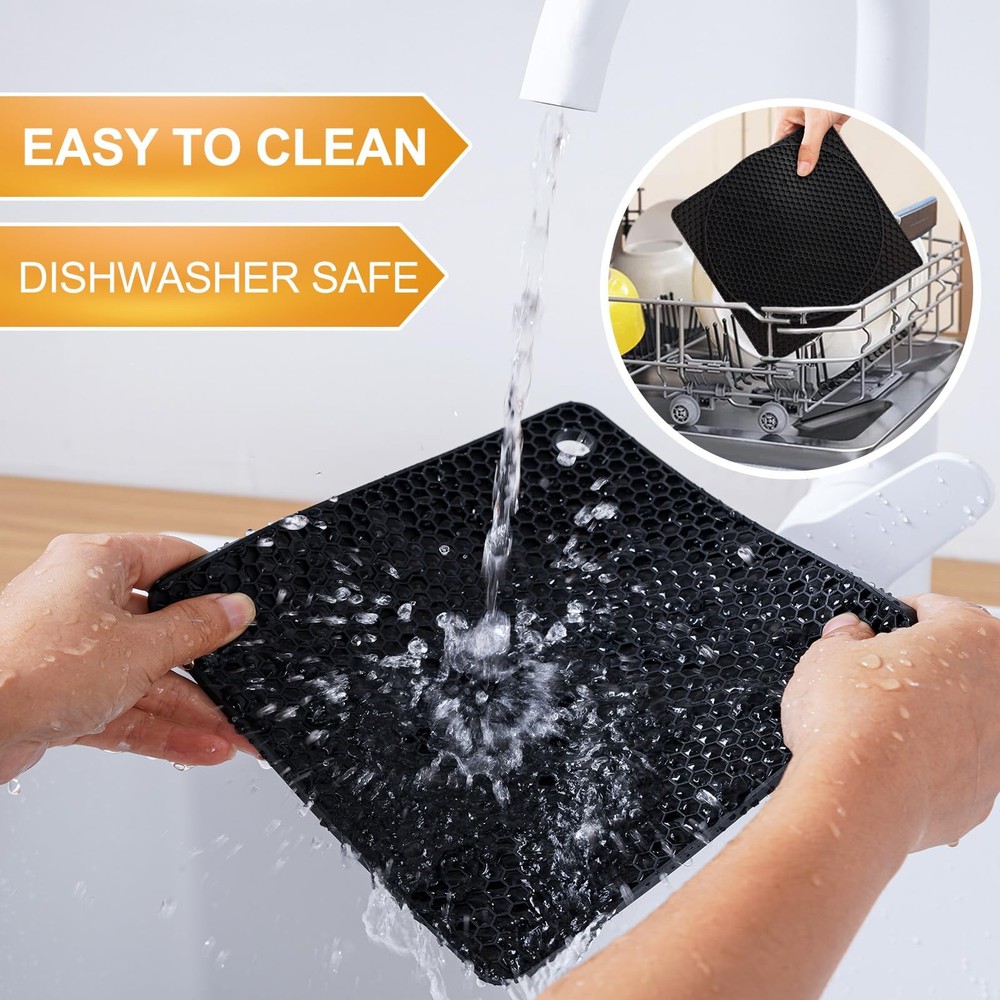 Kitchen Silicone Trivets 4 Pack, Hot Dish Protector, BPA Free, Black