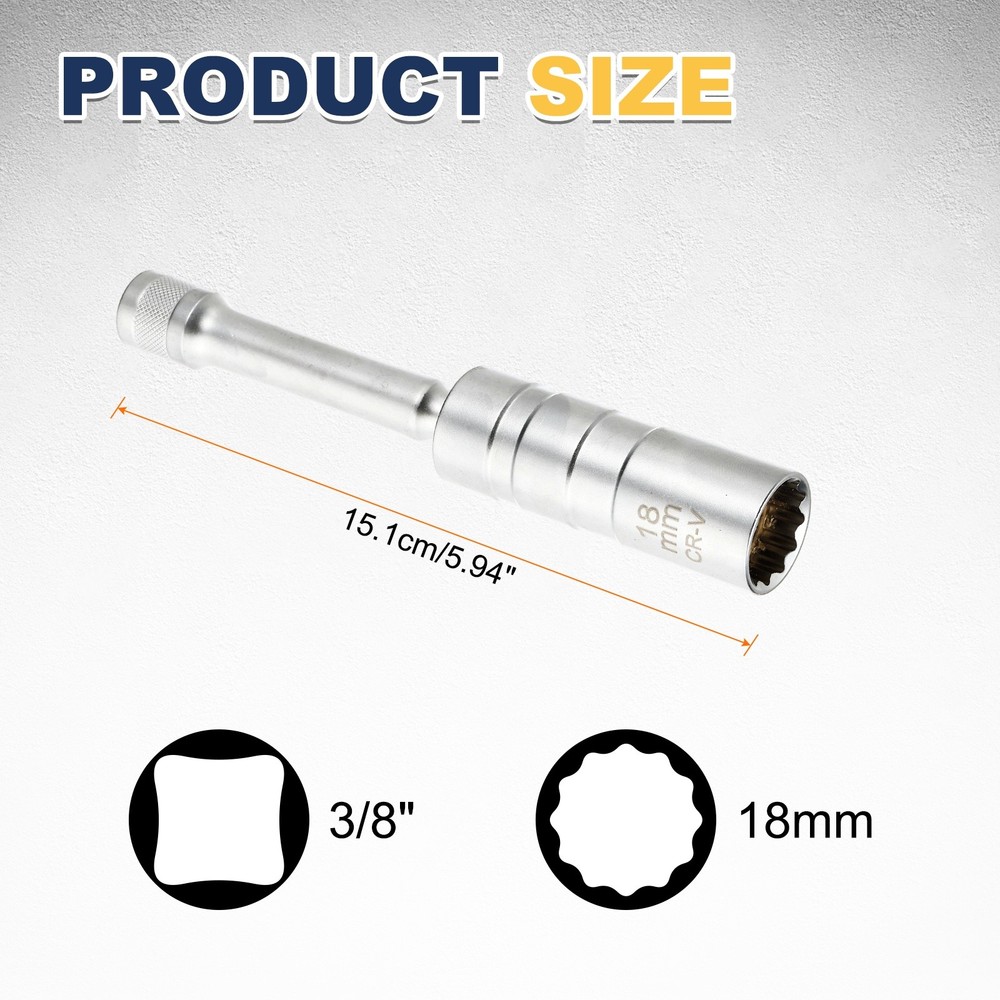 Spark Plug Socket 3/8" Drive 18mm Medium Swivel Magnetic Silver