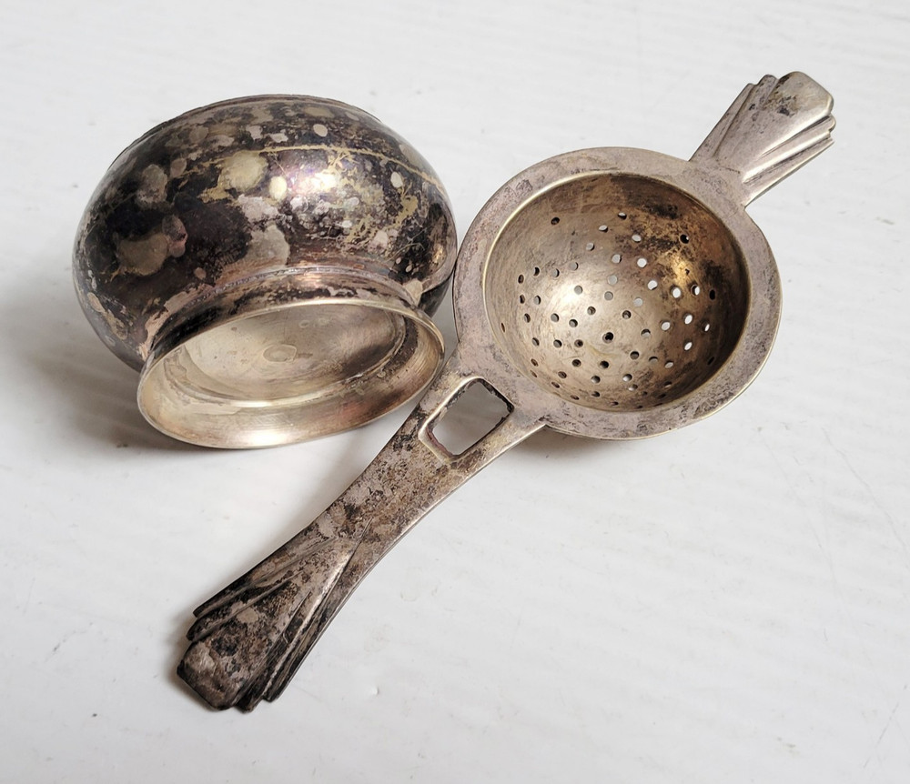 Vtg Loose Tea Bag Strainer Basket Silver Plated Spoon Cup w/ Rest Stand England
