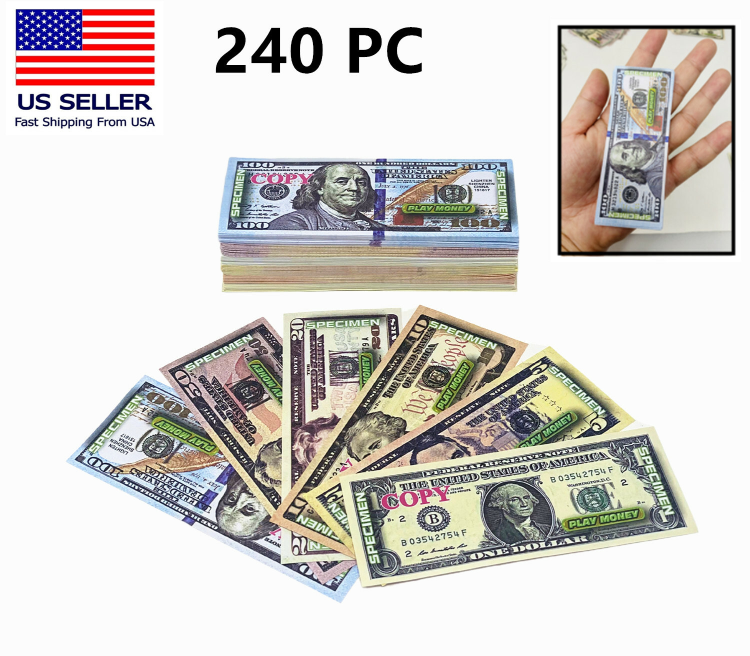 240 PC Educational Play Money Set, Print 1 Side - Bills of 1, 5, 10, 20, 50, 100