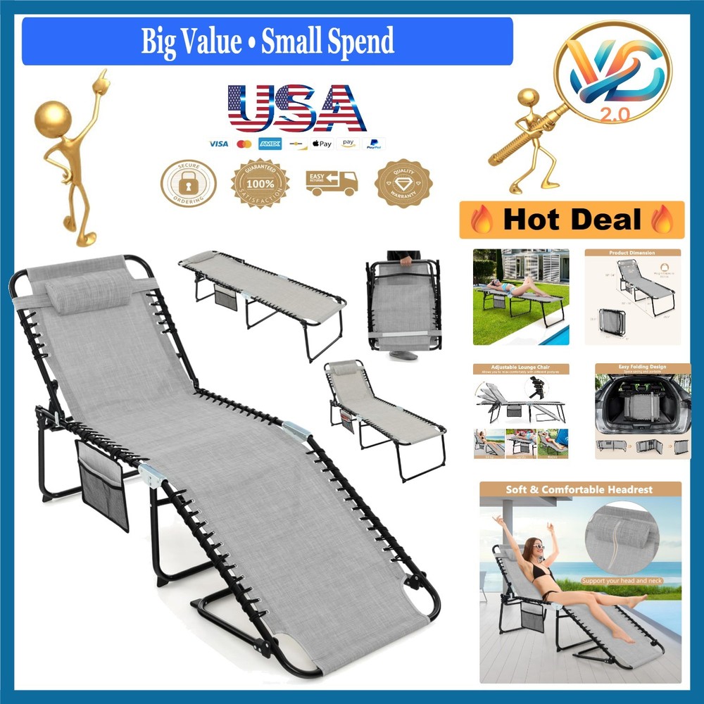 Grey Foldable Patio Lounge Chair with Headrest, 4-Position Adjustable Backrest