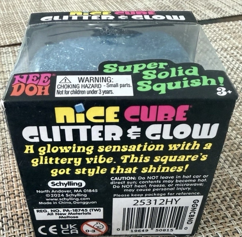 Nee Doh Nice Cube BLUE Glitter & Glow Super Solid Squish Squeezable RARE