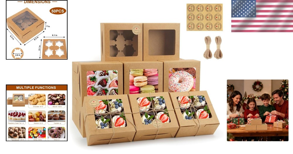 Elegant 50 PCS Cupcake Boxes with Window - Sturdy Brown Bakery Containers