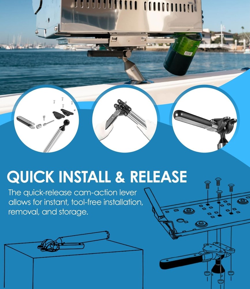 T10-355 Adjustable Fish Rod Holder Grill Mount for Magma All Rectangular Grills