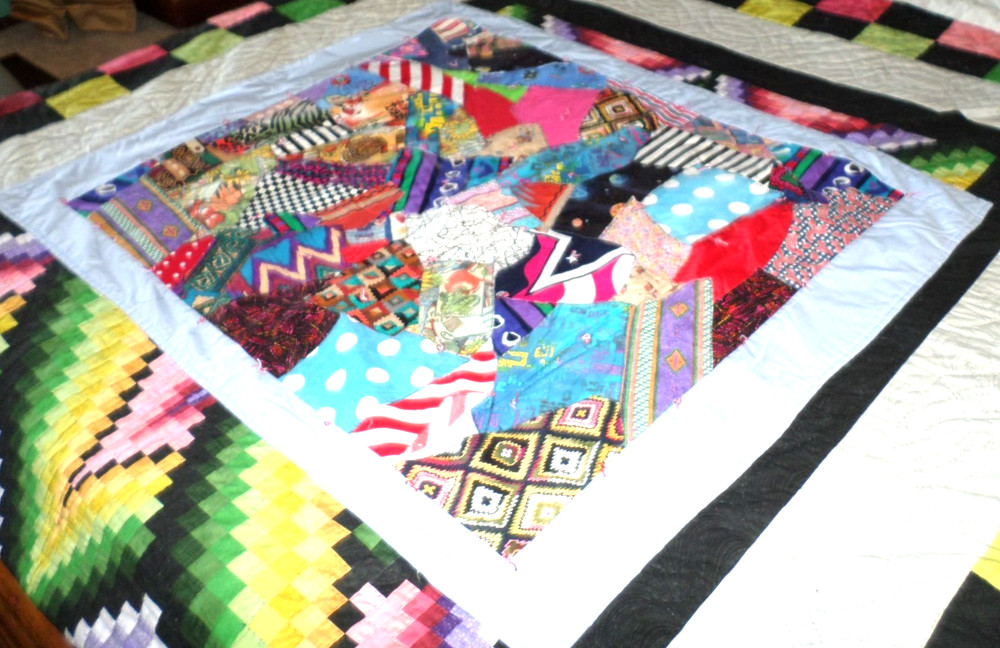 1970's Machine Quilted Bright Multi-Colored Patchwork CRAZY Quilt 46x39mm Mint