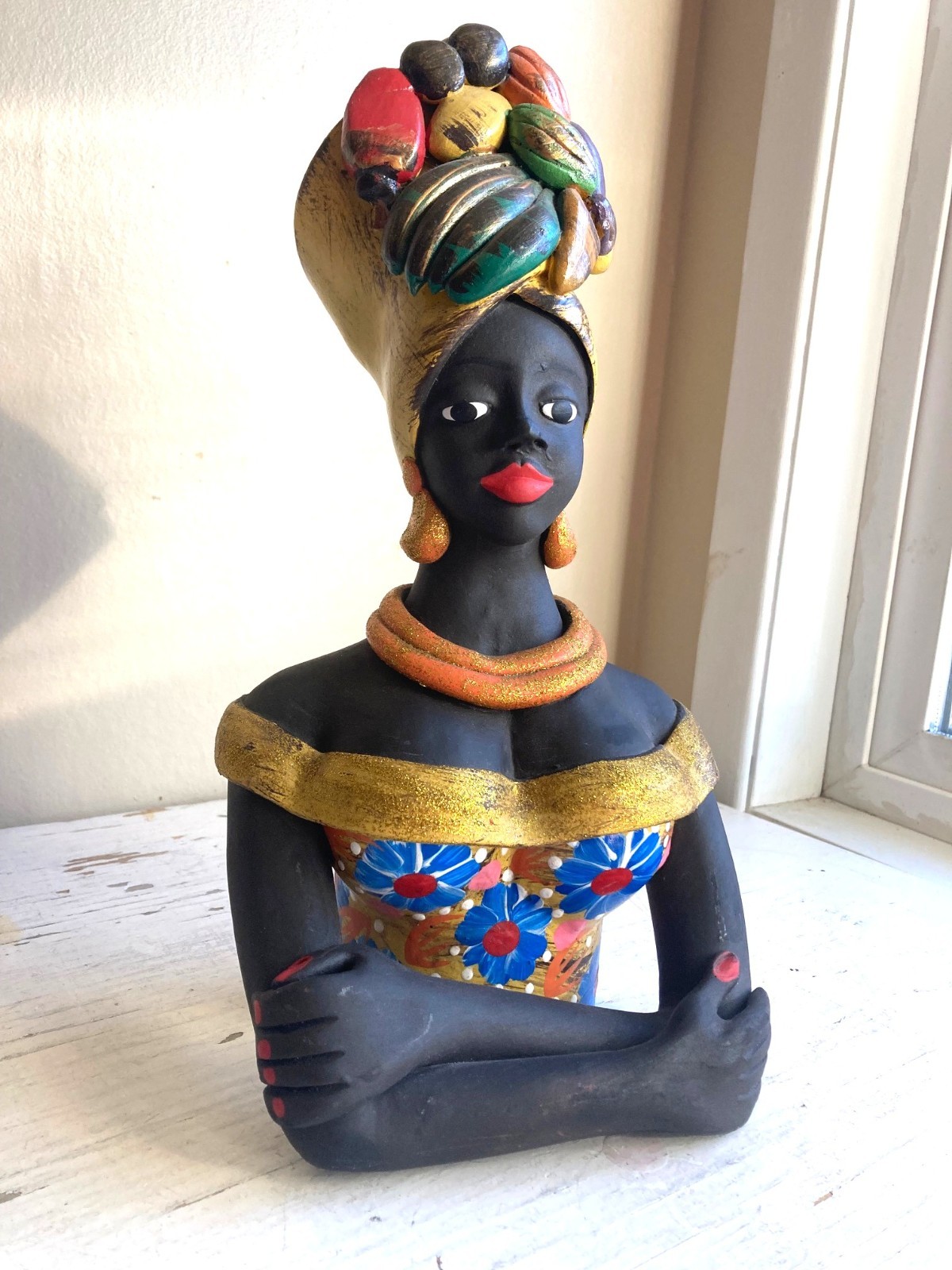 West Indies Woman Studio Pottery Sculpture Haiti Jamaica Carnival Hand Painted