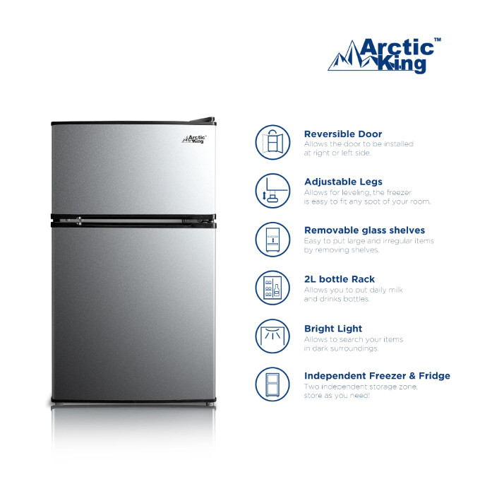 3.2 Cu ft Two Door Mini Fridge with Freezer, Stainless Steel, Energy Efficient