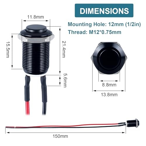 5pcs 12mm Push Button Switch Raised Head ON-Off Normally Open Latching Black