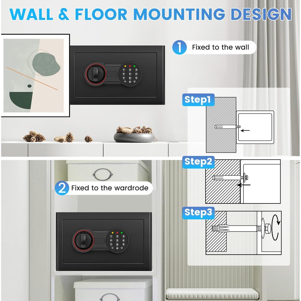 Safe Box 6.69"H with Alarm System Sensor LED Light Wall/Floor Mountable