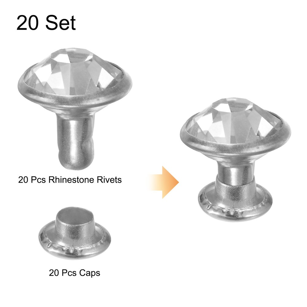 20pcs Crystal Rivets 8mm Rhinestone Rivets Rapid Stud Rivets, Silver&Transparent